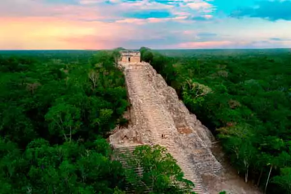 Aerial view of coba surrounded by the mayan jungle