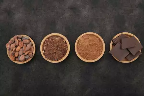 platos de madera con cacao entero y molido