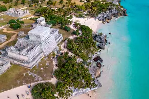 Tulum aerial view next to the turquoise caribbean sea