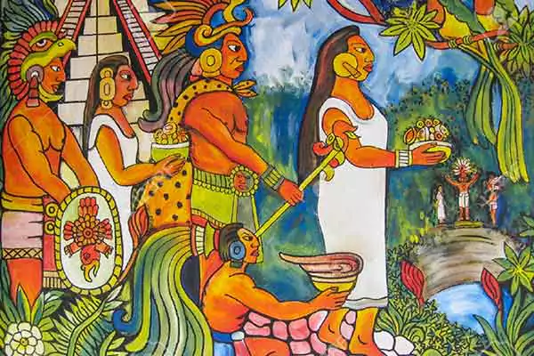 pintura maya retratando la vida cotidiana de los mayas en Cobá